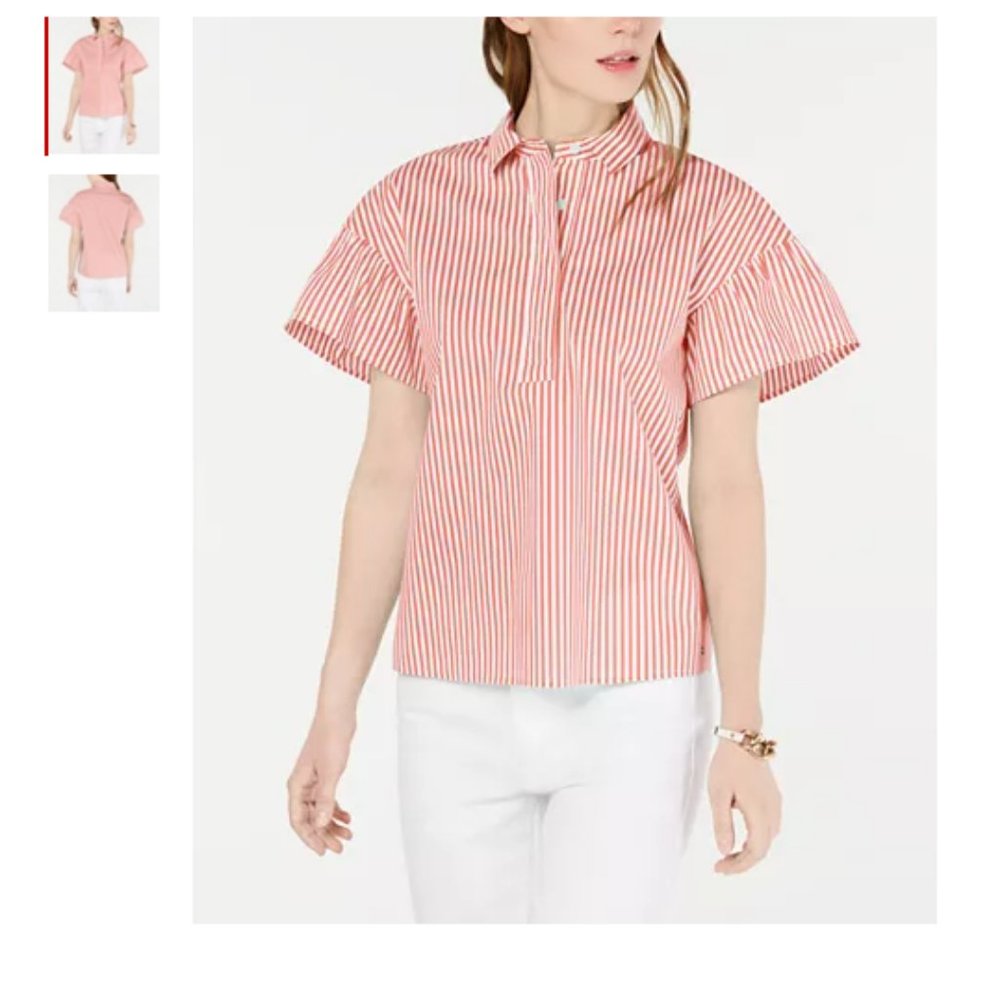 Tommy Hilfiger Blouse XL Top Shirt Flutter Sleeve Pink Striped Cotton New